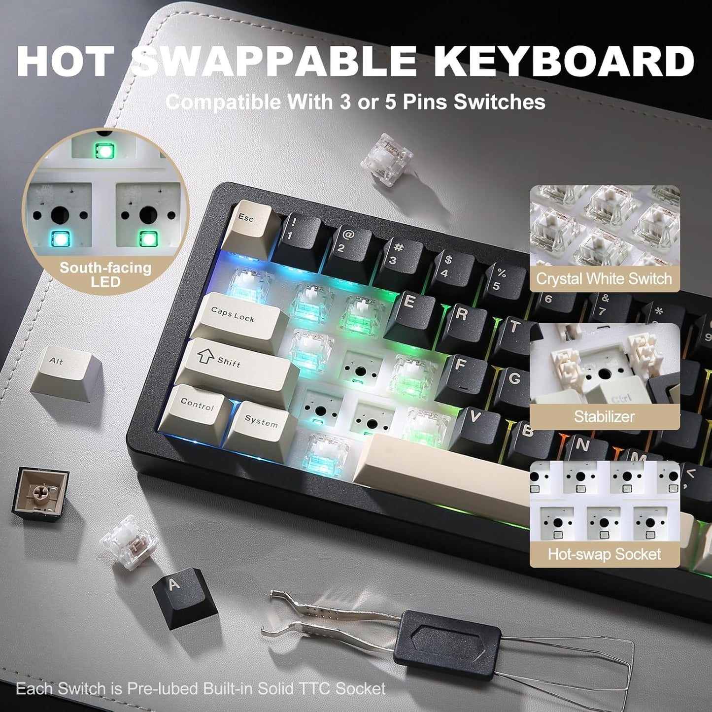 YUNZII AL71 75% Mechanical Keyboard,Full Aluminum CNC,Hot Swappable Gasket,2.4GHz Wireless BT5.0/USB-C Wired,NKRO Programmable RGB Backlight Creamy Typing for Win/Mac(Blue,Crystal White Switch)
