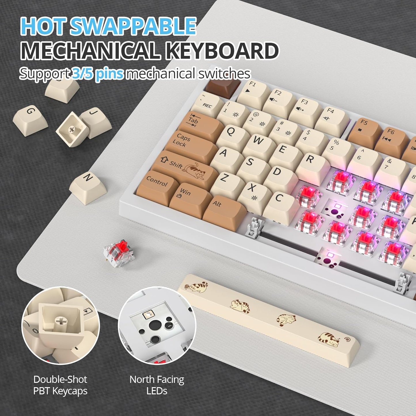 75 Percent Keyboard Gasket-Mounted with Sound Absorbing Pads, 82-Key Compact Wired RGB Mechanical Gaming Keyboard Hot-Swap Socket for Win, Fog Blue