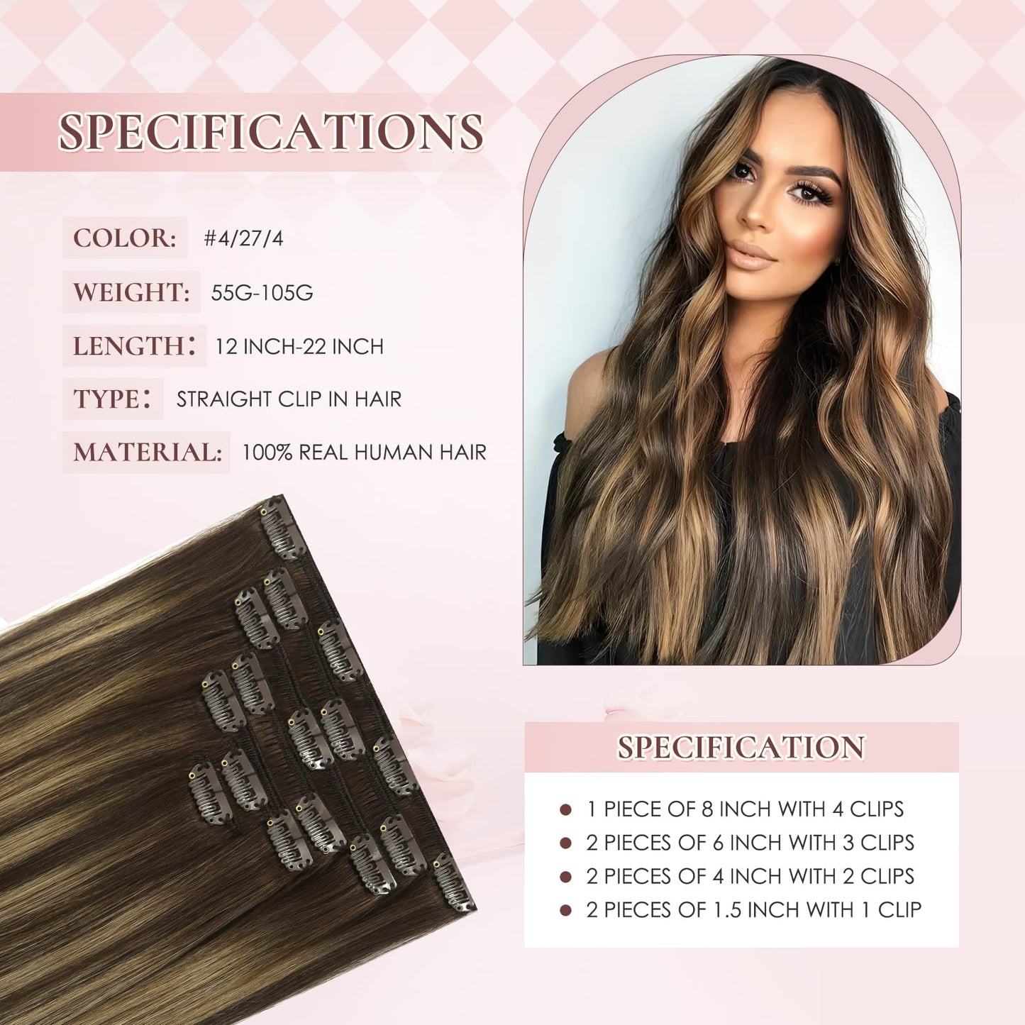 Hyssiet 18 Inch Invisible Clip in Real Human Hair Extensions,Balayage Chocolate Brown to Caramel Blonde,85 Gram 7 Pieces With 16 Clips,Remy Thick Straight Hair, No Slip, No Shedding