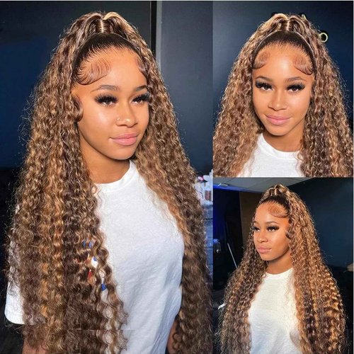 Blonde Highlight Human Hair Bundles with Closure (14 16 18+14 inch) 10a Brazilian Deep Wave Bundles Human Hair with 4X4 Free Part Closure 4/27 Ombre Brown Bundle