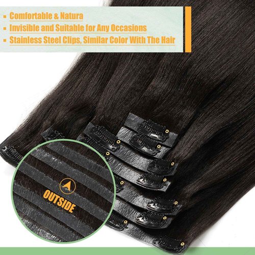 Loxxy Brazilian Yaki Straight Clip in Hair Extensions Real Human Hair 12 inch 100% Remy Unprocessed Soft Clip on Extensions Full Head Natural Color #1B for Black Women,YK 7pcs/set 120g/set