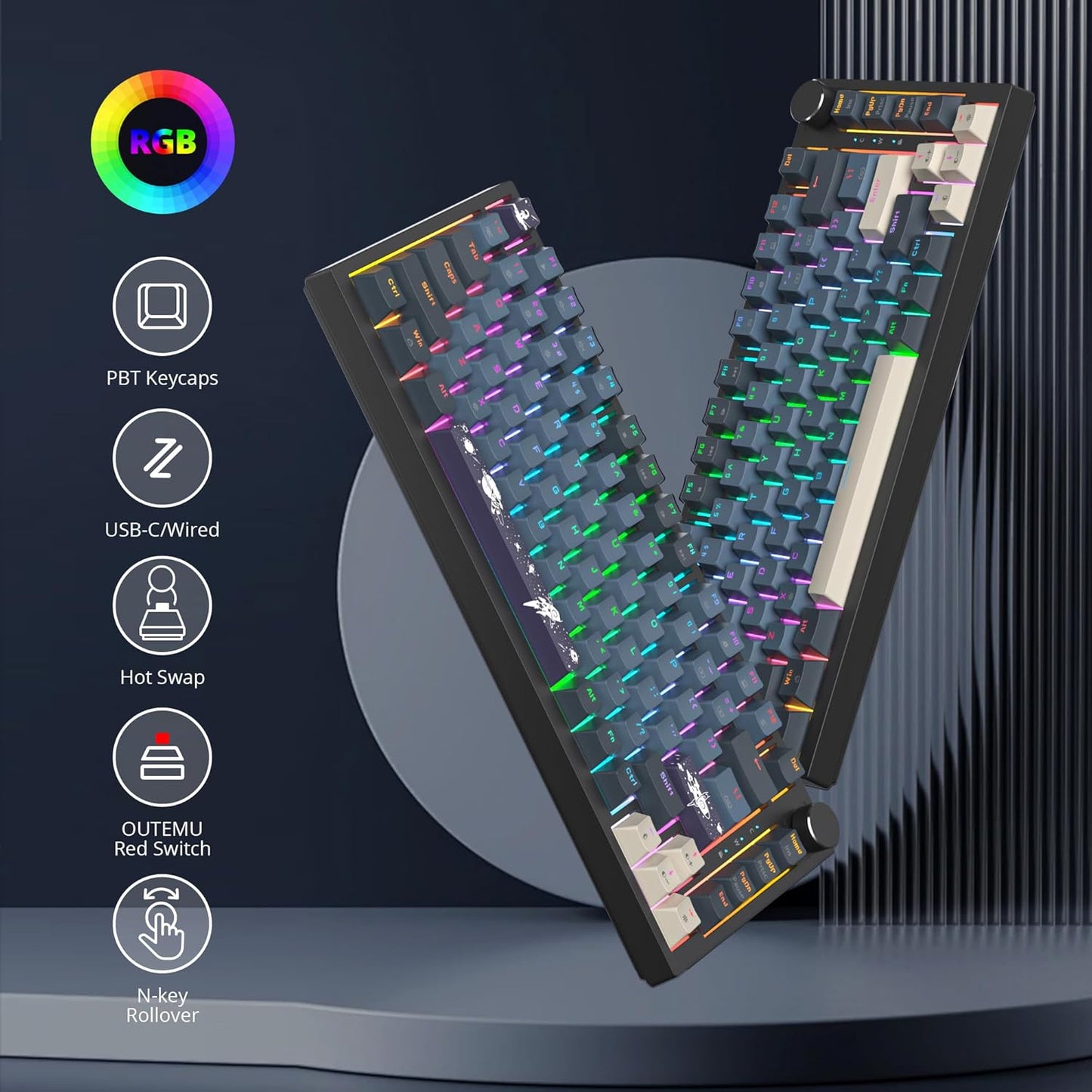 75 Percent Keyboard Gasket-Mounted with Sound Absorbing Pads, 82-Key Compact Wired RGB Mechanical Gaming Keyboard Hot-Swap Socket for Win, Gray White