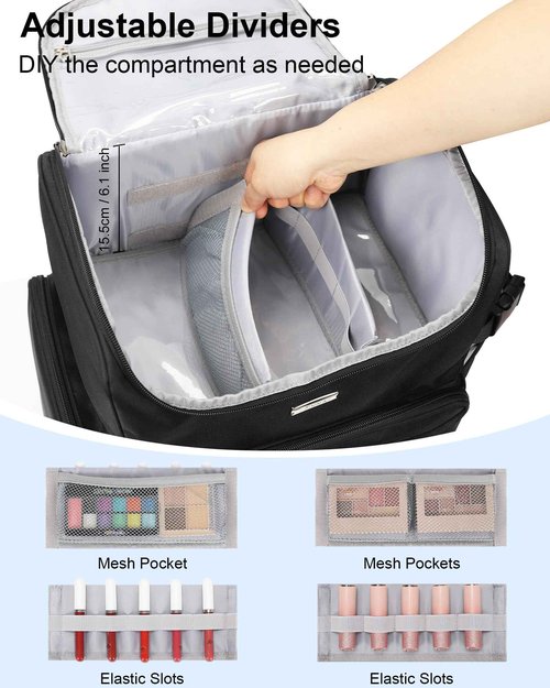 Relavel Makeup Backpack Large Makeup Bag with 3 Clear Set Bags, Dual Layer Professional Cosmetic Organizer Travel Train Case Makeup Artist Kit with Adjustable Dividers & Easy to Clean Lining, Black