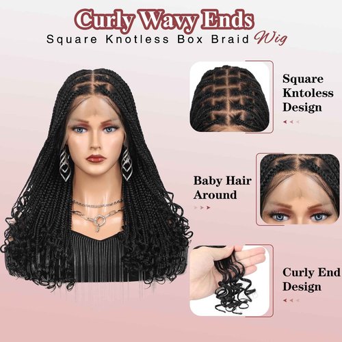 Kalyss 13x8 Hd Lace Front Knotless Braided Wigs with Curly Ends for Women Box Braid Wig with Baby Hair Black Synthetic Hair Braided Wig 24"