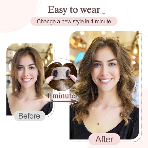 SEGO Hair Toppers for Women Real Human Hair Large Full Silk Base 9 * 14 cm Free Part No Bangs 150% Density Clip In Topper Hairpieces for Women with Thinning Hair -12 Inch #4Y Medium Neutral Brown