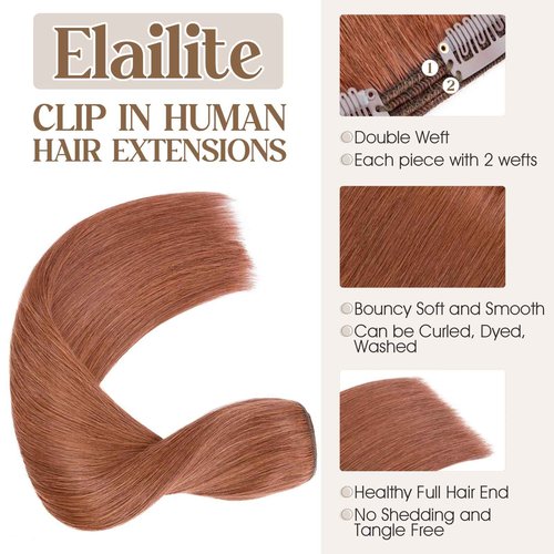 Elailite Clip in Hair Extensions Real Human Hair Double Weft Thick 8pcs Weft Auburn Copper Red 16 Inch 130g Remy Hairpieces Balayage Full Head for Women