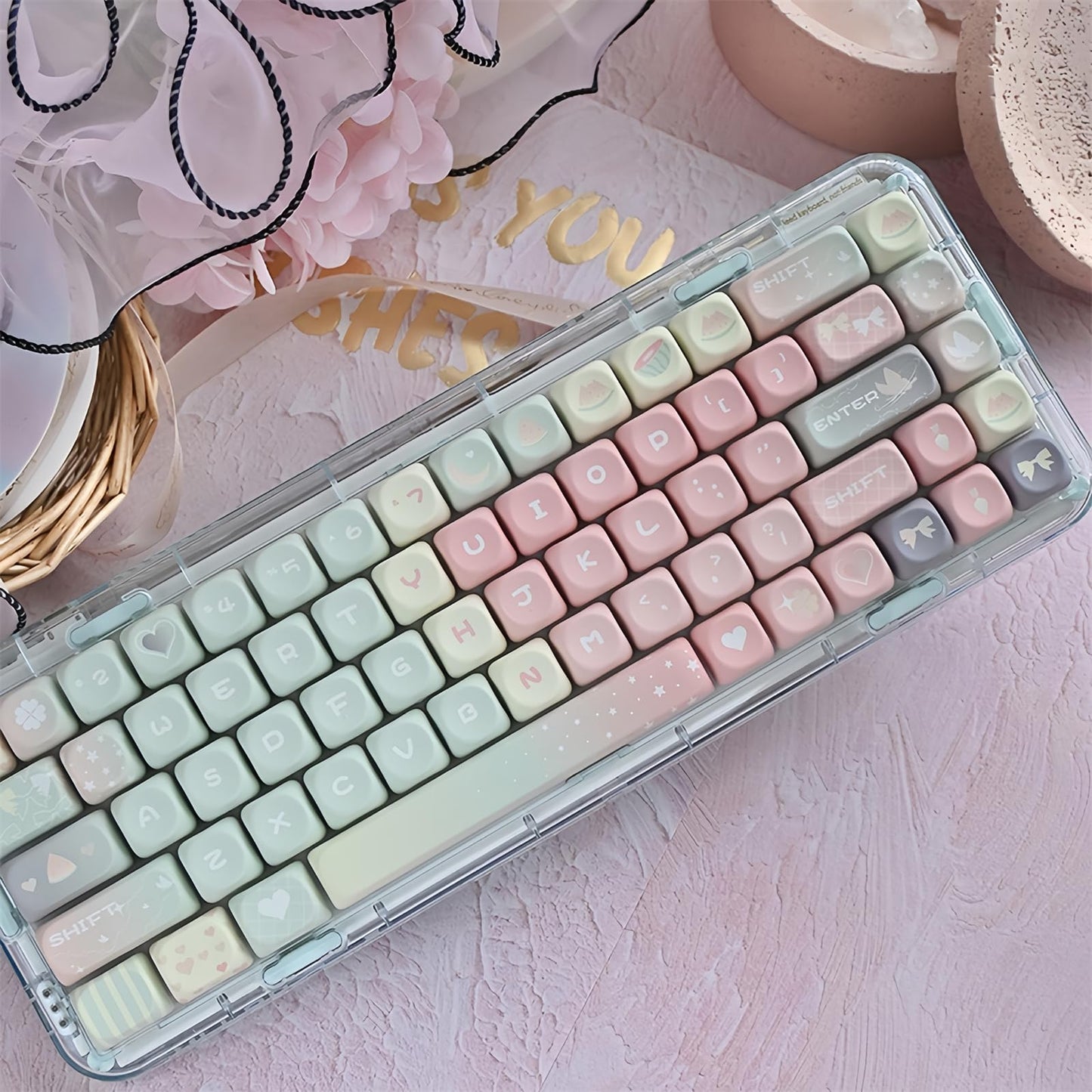 ZMX Cute MOA Keycaps,Gradient Pink Kawaii Round Keycaps Custom 126 Keys Keycap Set Thick PBT Keycap for Cherry MX Switch 75% 60% Mechanical Gaming Keyboard Creamy Watermelon Key Cap