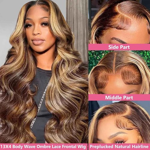 Megeen Body Wave Honey Blonde Lace Front Wig Human Hair Pre Plucked Highlight Ombre P4/27 Colored 210% Density 13x4 HD Lace Frontal Wigs Human Hair for Women 22Inch