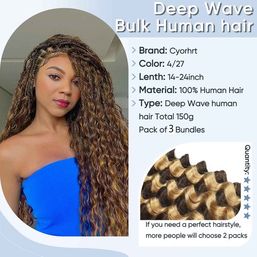 Human Braiding Hair for Boho Braids,150g 20 inch 3 Bundles Highlight Deep Water Wave Bulk Boho Curly Human Hair Bundle for Braiding,4/27 Honey Blonde No Weft Wet and Wavy braiding Hair Extensions