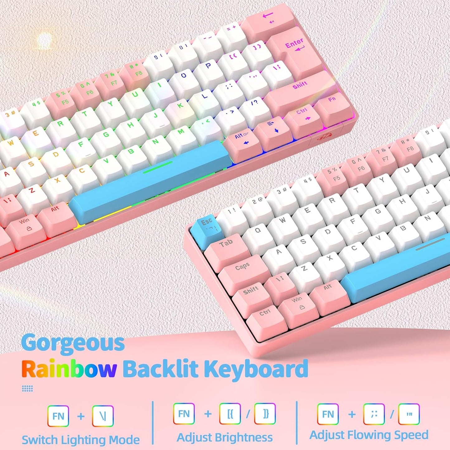 ZIYOU LANG T60 Wired 60% TKL Mechanical Gaming Keyboard with Led Rainbow Backlight Ultra-Compact NKRO Tactile Clicky Blue Switch Tri-Color ABS Keycap for Windows Laptop PC Mac Gamer(Pink/White)