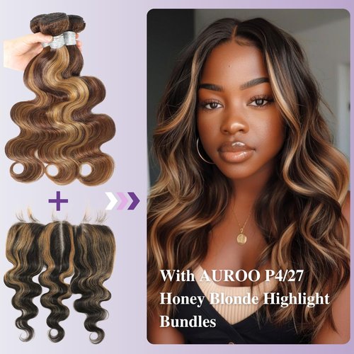 AUROO 13x6 Ombre Human Hair Frontal Only (150% Density, 18 IN), 12A Virgin Highlight Ear to Ear Lace HD Transparent Body Wave #27 Honey Blonde Skunk Stripe Frontal Pre Plucked Larger Free Deep Parting