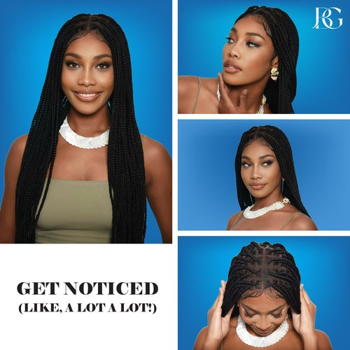 JBG 36 Inch Braided Wigs for Black Women - Knotless Box Braid Wig with Baby Hair, Lightweight Glueless Braided Lace Front Wigs, Full Double Lace Wig, Handmade Synthetic Box Braids, Long Black