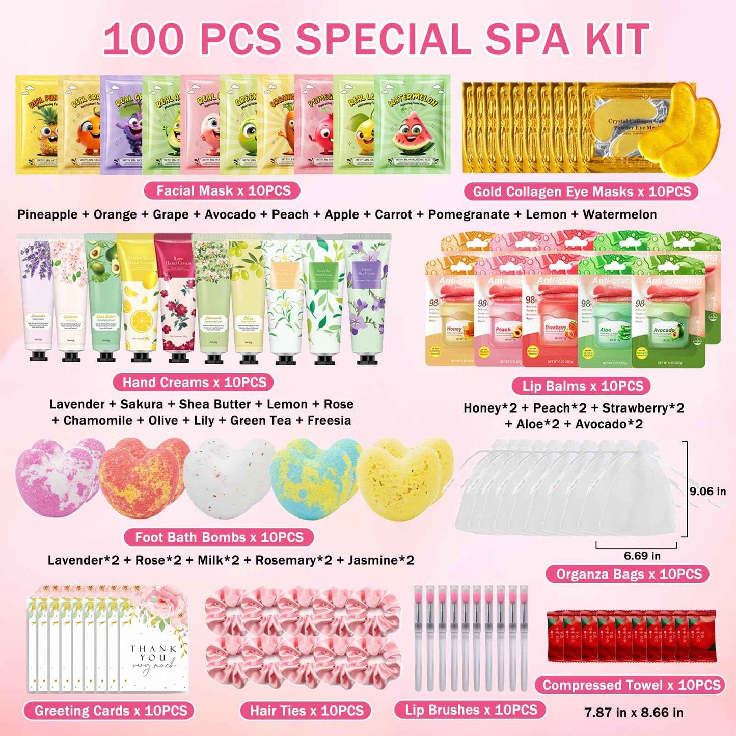 100 PCS Spa Party Supplies for Girls & Women, Facial Masks-Hand Cream-Lip Balm-Bath Bomb-Eye Mask-Compressed Towel-Hair Ties-Lip Brush-Organza Bag-Greeting Card, Sleepover Party Supplies for Girls