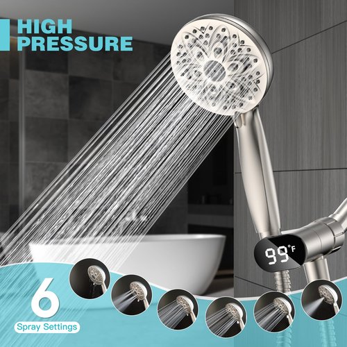 Handheld Showerheads with LED Display Temperature - JDO High Flow Showerhead with 6 Different Shower Modes - High Pressure even at Low Water Pressure - for Pet Bathing and Baby Care