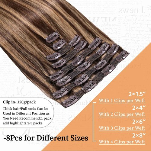 VKHAIR Clip in Hair Extensions Real Human Hair 20 inch, 8Pcs/120g Human Hair Clip in Extensions, Seamless Clip in Hair Extensions Human Hair #4/27 Medium Brown/Dark Blonde, 20 Inch