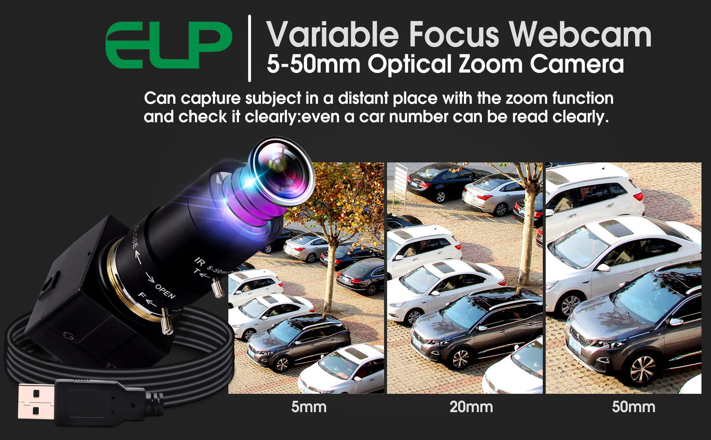 5mp USB Camera with Zoom 5-50mm Lens Webcam Variable Focus PC Camera Mini UVC USB2.0 USB with Camera for Computer Manual Zoom Close-up Camera Industrial Varifocal Web Camera for Raspberry Pi Laptop
