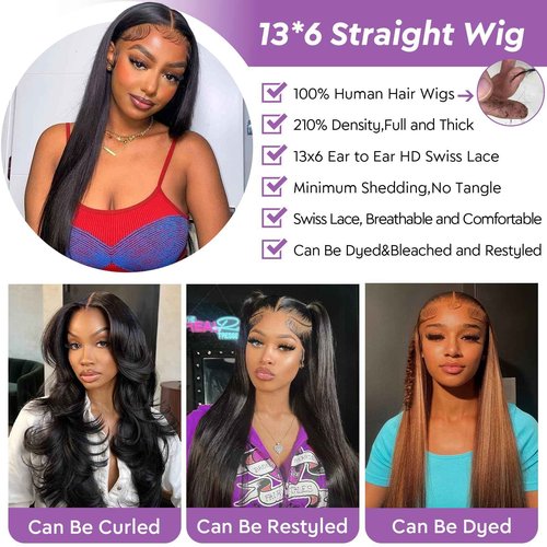 Minqisheng 13x6 Straigt Lace Front Wigs Human Hair Pre Plucked HD Transparent Lace Frontal Wigs Human Hair 210% Density Glueless Human Wigs with Baby Hair for Women 26 Inch