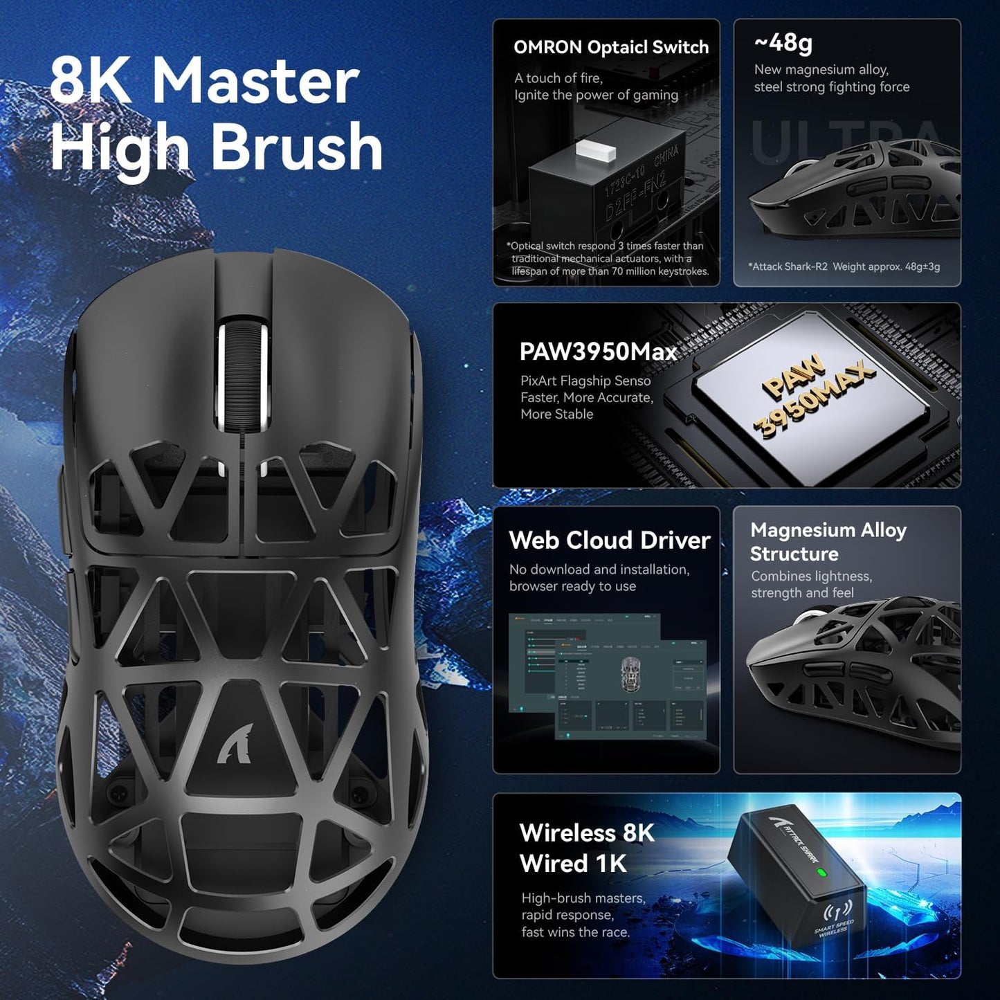ZIYOU LANG x Attack Shark R2 Wireless Gaming Mouse, Ultra Lightweight Magnesium Alloy, PAW3950 42000 DPI Optical Sensor, 8KHz Polling Rate, BT/2.4G/Wired Programmable Mice with Grips Sticker (Black)