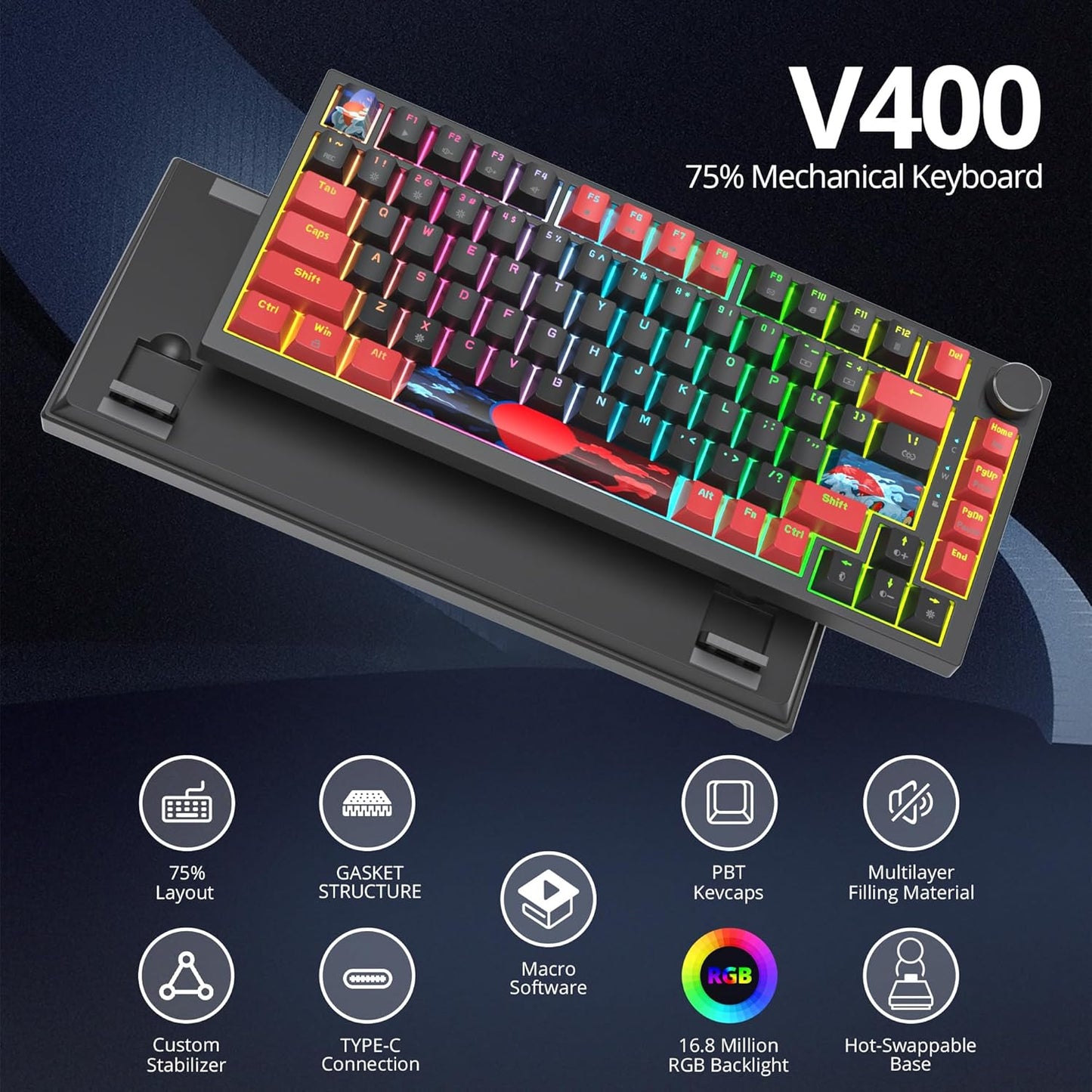 75% TKL Wired Mechanical Keyboard,RGB Backlit Gasket Mount 82 Key Hot Swappable Custom Linear Red Switch Gaming Keyboard with Volume Knob & PBT Keycaps (82 Monster B)
