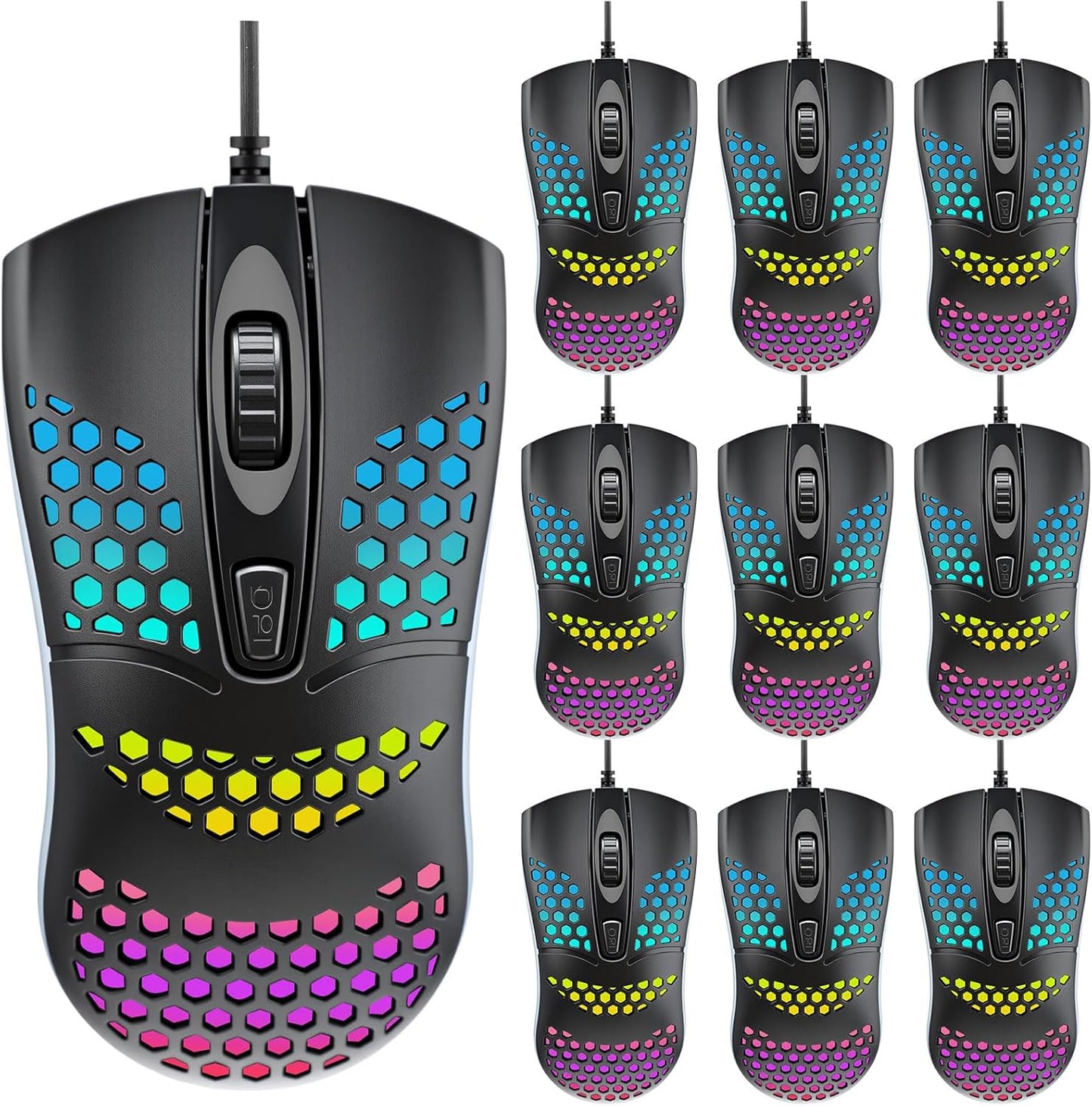 8 Pack USB Wired Mouse Computer Mouse with RGB Lighting 3 Adjustable Dpi Ergonomic Optical Office Corded Mice for PC Desktop Laptop Computer Office School Home Classroom Supplies