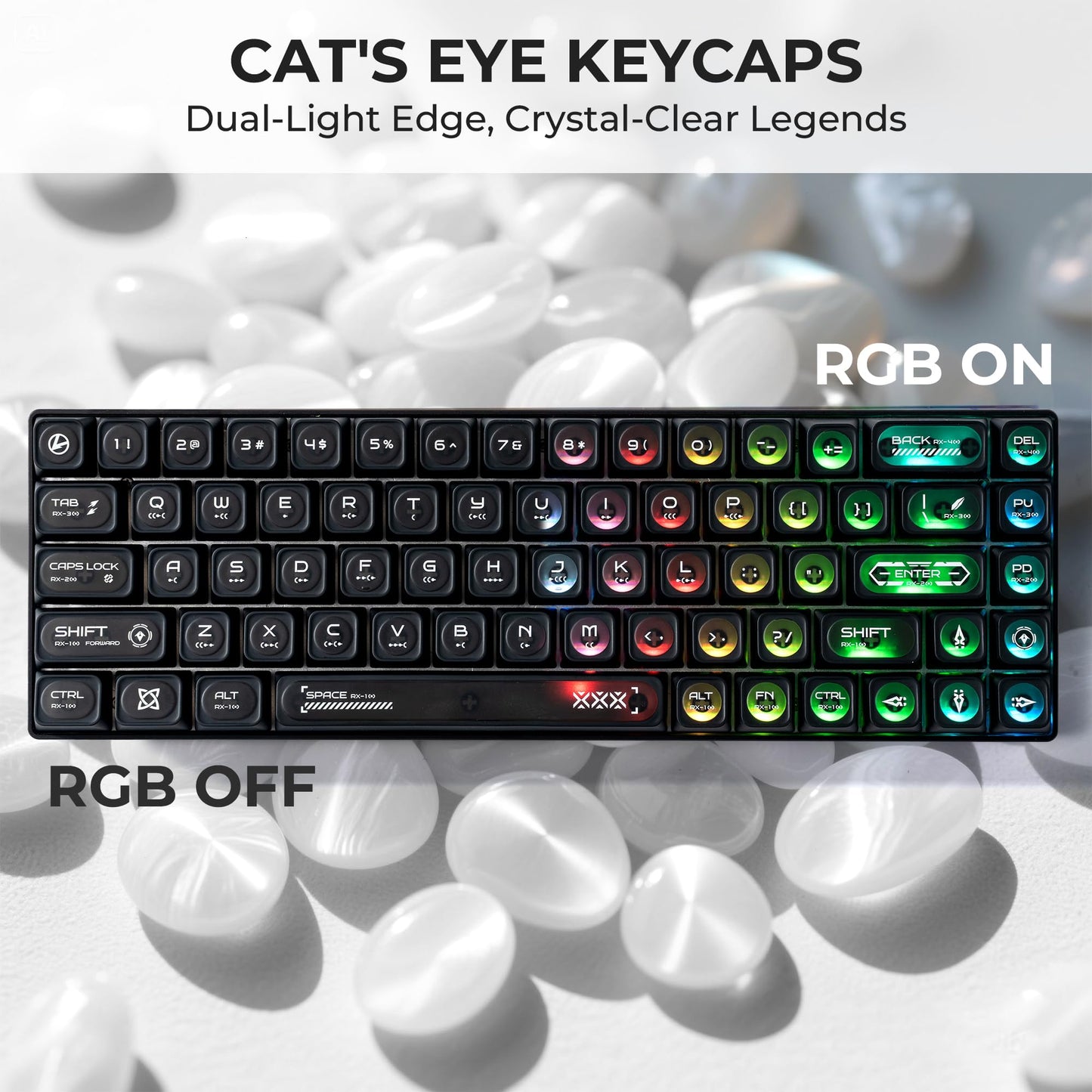 XVX Black Shine Through Keycaps for Mechanical Keyboards - 136 Keys Black Translucent Cat Eye Design,Cherry MAX Profile, PC+PBT Frosted RGB Keycaps
