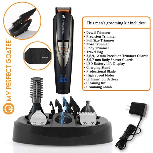 My Perfect Goatee®️ 13-in-1 Mens Grooming Kit - LED Display Beard Trimming Kit with Travel Bag, Charging Stand, & More - Waterproof, Cordless Electric Trimmer for Nose, Body, & More – Ideal Gift Set