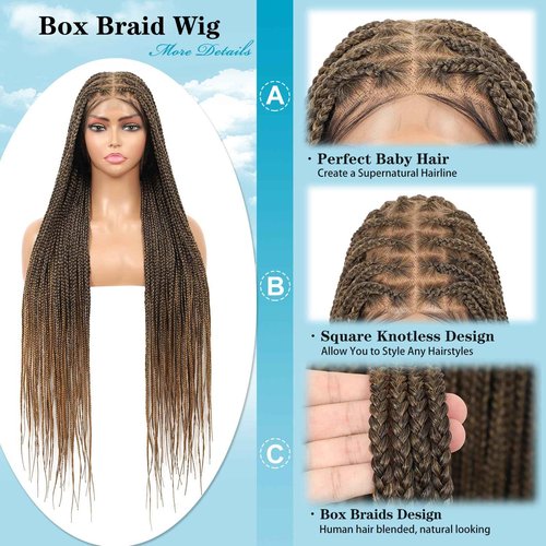 Esnccur 360°HD Full Lace Knotless Braided Wigs for Women Box Braid Wig with Baby Hair Premium Synthetic Braided Lace Front Wigs Light Brown 36 Inch