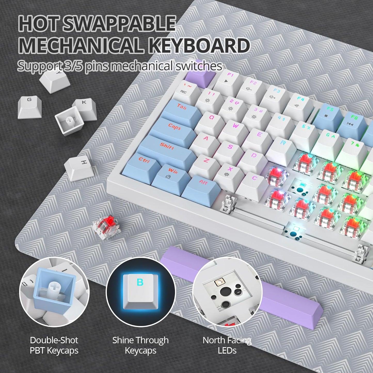 75% Mechanical Gaming Keyboard with Volumn Knob, Gasket Hot Swappable RGB, Wired, Red Switch, 82 Keys Compact Creamy (Black Grey)