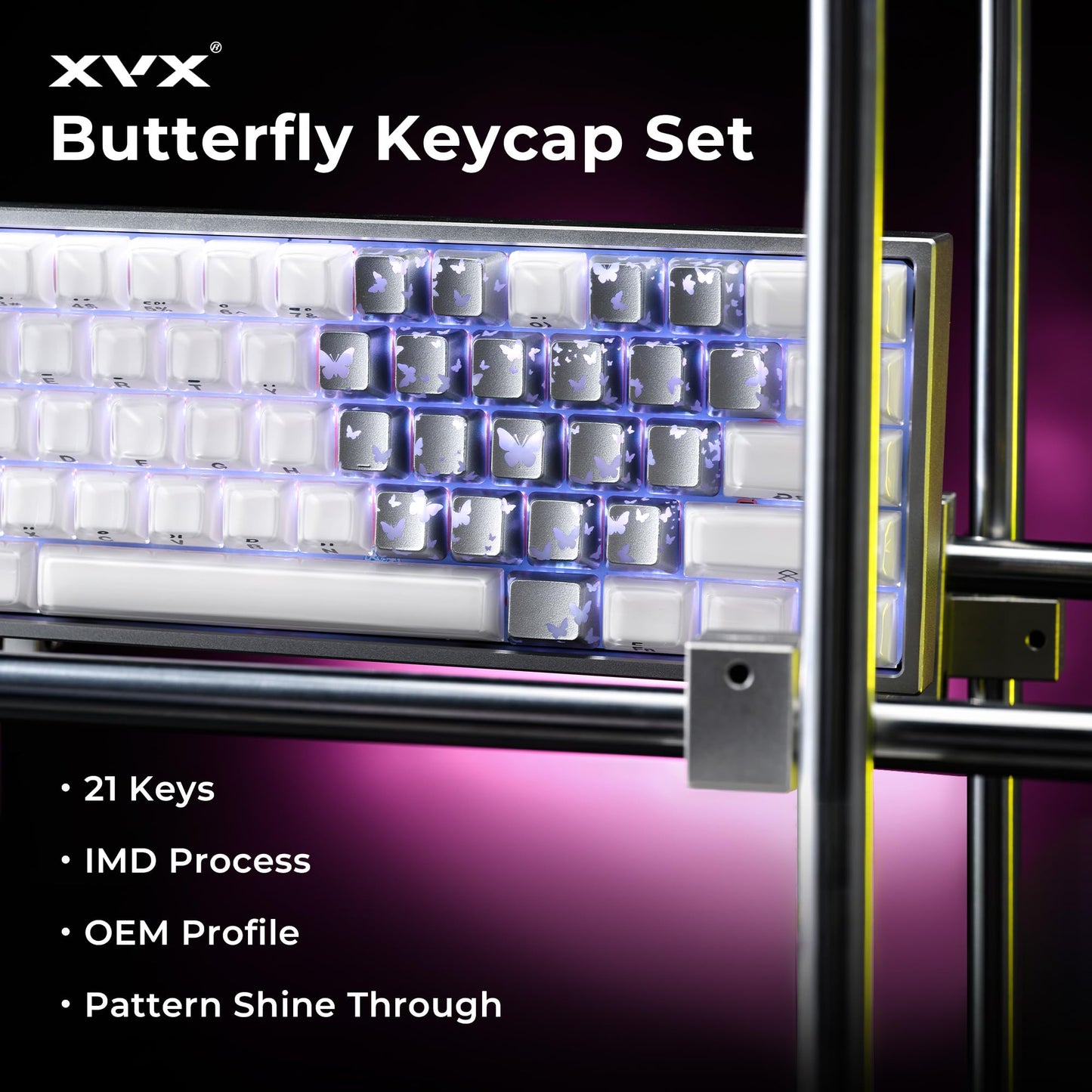 XVX Butterfly Shine Through Keycaps, Love Theme Cute Custom Keycaps, Blank OEM Profile IMD Translucent Keycap, Anime Style, for MX Switches Mechanical Keyboard, Silver(Only 21 Keys