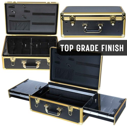 HAPPYPOSH Barber Case Organizer, Barber Briefcase Tool Box, Barber Carrying Case, Large Barber Cases for Clippers and Supplies, Travel Hair Stylist Tools Storage, Luxury Gold & Black
