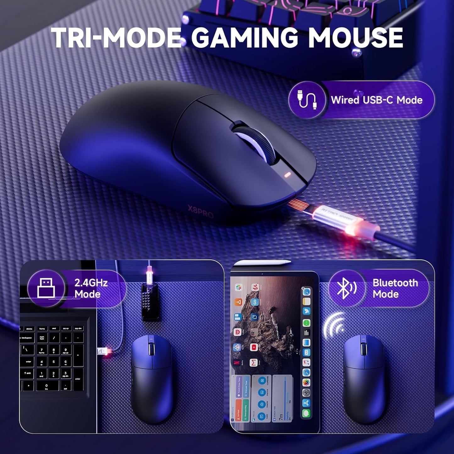 Attack Shark ajazz AK820 Mechanical Gaming Keyboard and X8 PRO Wireless Gaming Mouse-Black