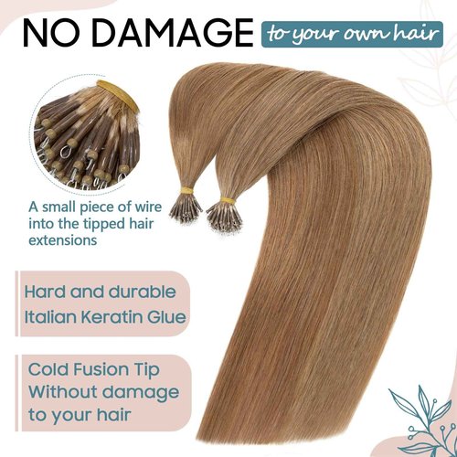 S-noilite Nano Bead Hair Extensions Human Hair Nano Ring Hair Extensions Balayage Pre Bonded Nano Tip Human Hair Extensions Nano Link Hair 50g 50 Strands 18 Inch #27 Dark Blonde