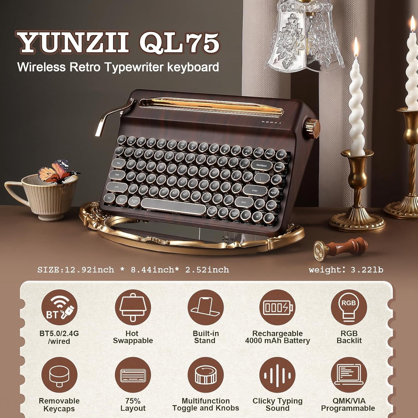 YUNZII QL75 Wireless Typewriter Hot Swap Retro Mechanical Keyboard,Punk Round Keycaps,RGB Backlit QMK/VIA Programmable, Multi-Device Keyboard with 2.4GHz/Type-C/BT5.0 (Wood, Cocoa Cream V2 Switch)