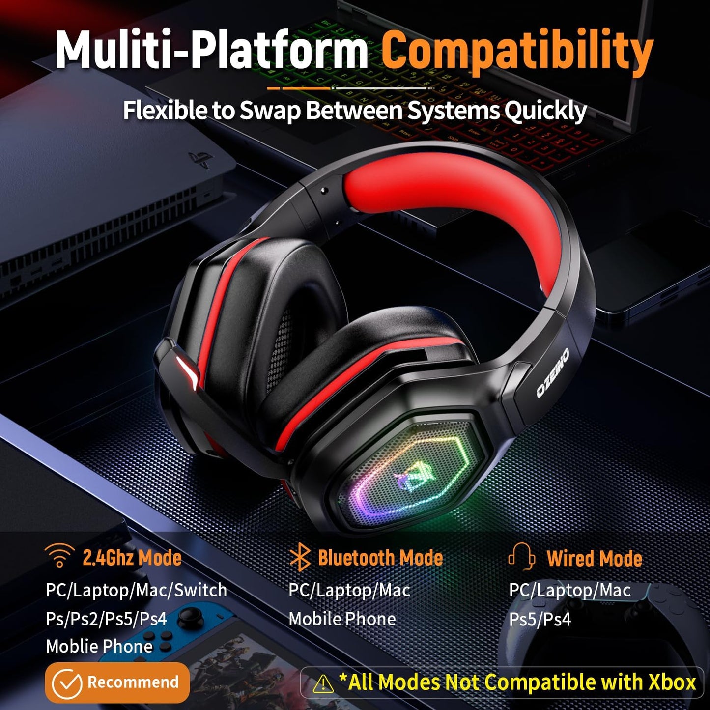 2.4GHz Wireless Gaming Headset for PC, Ps5, Ps4 - Lossless Audio USB & Type-C Ultra Stable Gaming Headphones with Flip Microphone, 40-Hr Battery Gamer Headset for Switch, Laptop, Mobile, Mac