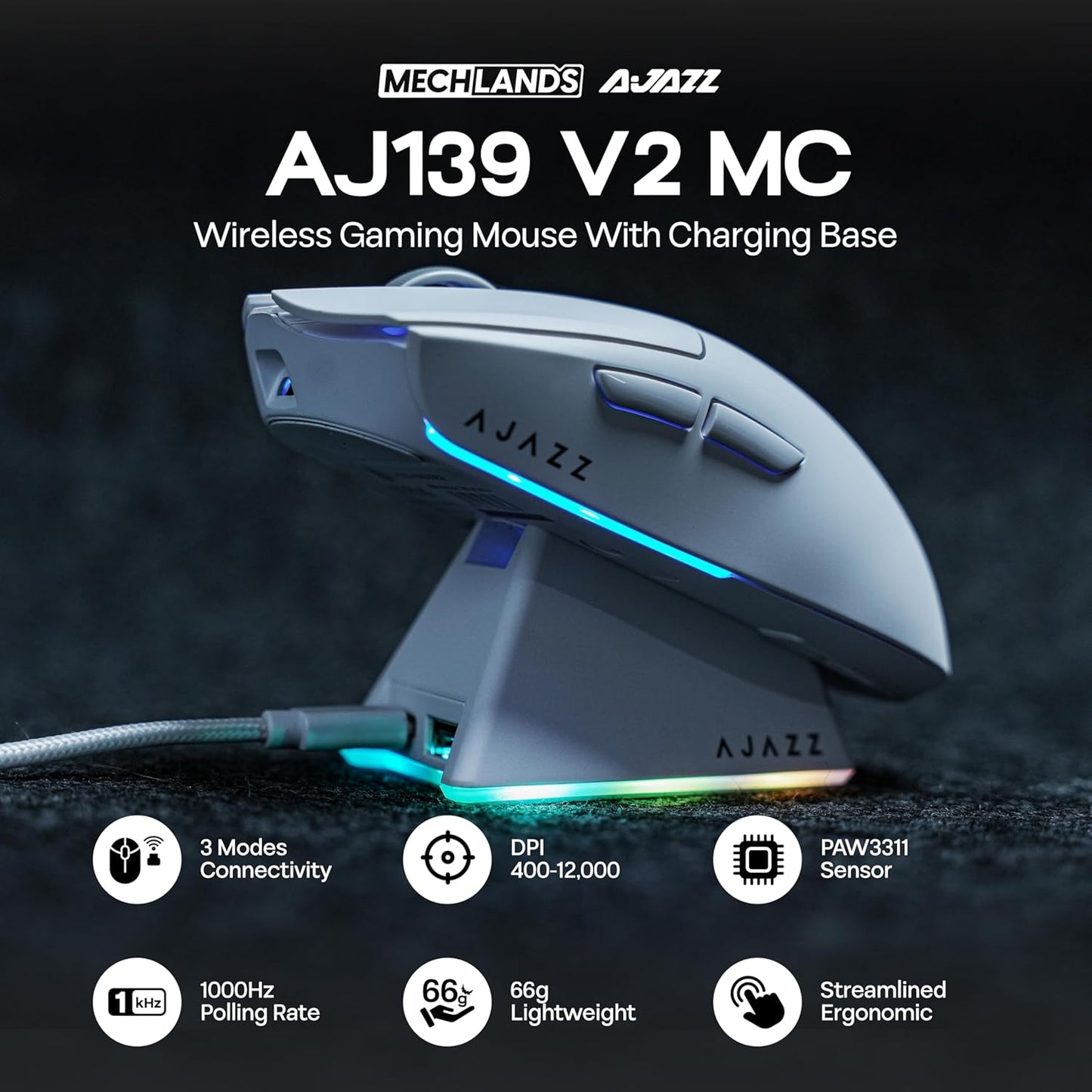 AJAZZ AJ139 V2 MC Gaming Mouse with Charging Base, Adjustable 12,000 DPI, PAW3311 Sensor, 3 Modes Wireless Mouse, 500mAh Battery, 1000 Polling Rate, 66g Lightweight, Win/Mac (White)