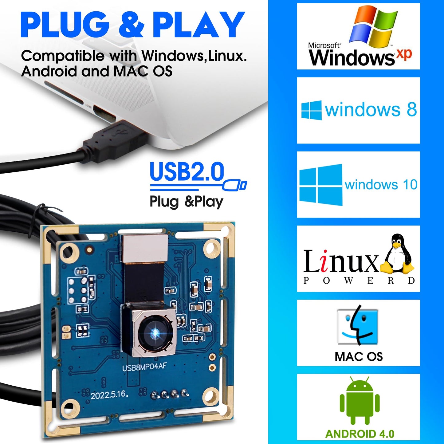 ALPCAM 8MP Autofocus USB Camera Module for Computer, IMX179 Mini UVC USB2.0 Webcam No Distortion Lightburn Camera for 3D Printer, 2448P Embedded Webcam for Windows, Linux, Android and Mac OS