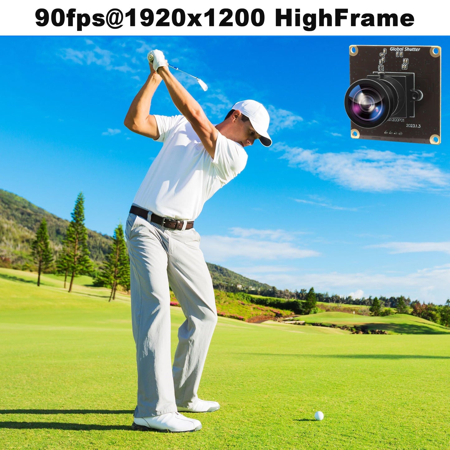 ALPCAM 2MP Global Shutter USB Camera Module 1200P 90fps High Speed Webcam with Wide Angle No Distortion Lens AR0234 UVC Lightburn Camera for Golf Swing Windows, Linux, Android,Mac OS