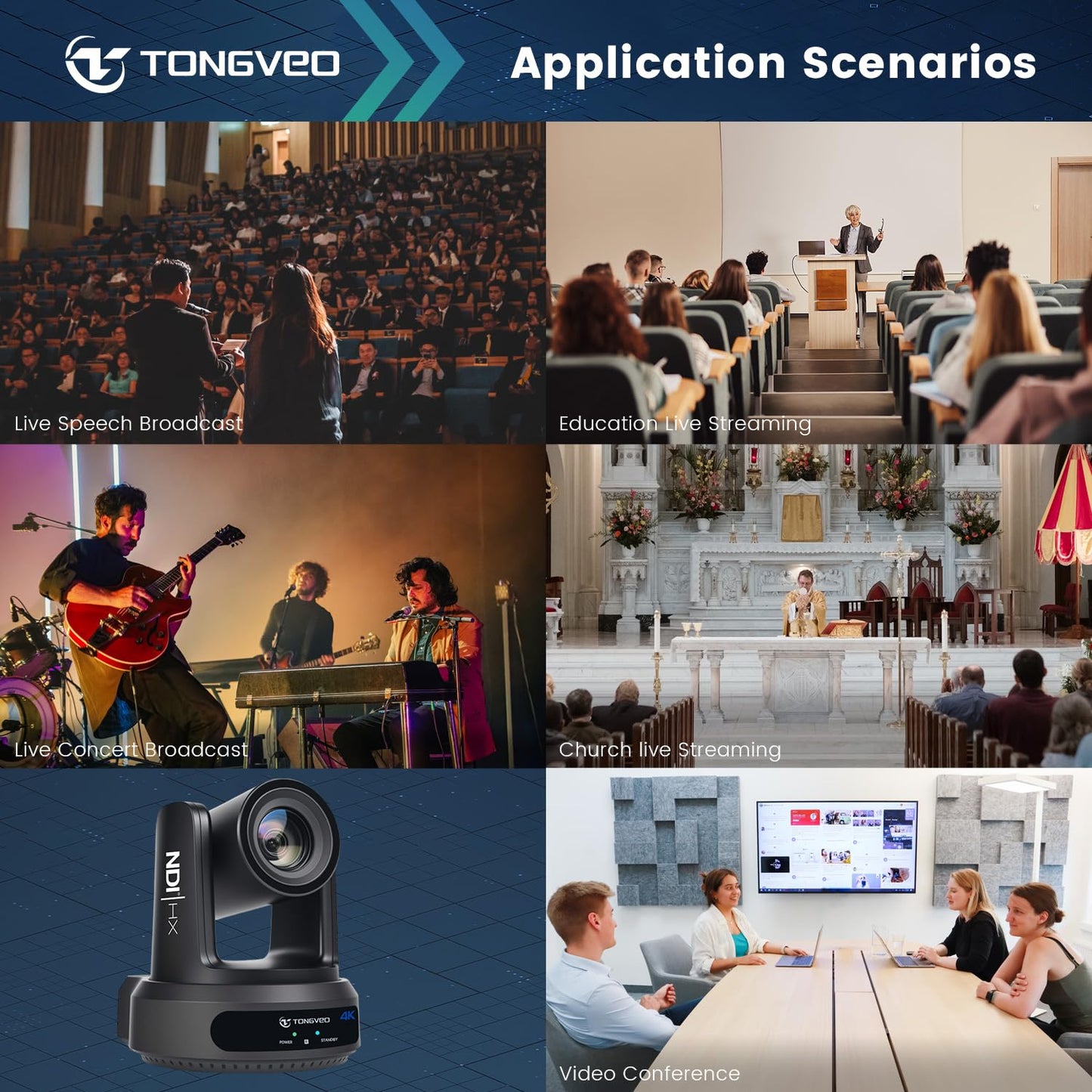 4K NDI PTZ Camera 60FPS, 4KP60 AI Auto-Tracking 20X Optical Zoom Video Conference Camera 1/1.8 UHD CMOS 8.42MP with USB 3G-SDI HDMI LAN Outputs POE Live Streaming for Church Worship Conference Events