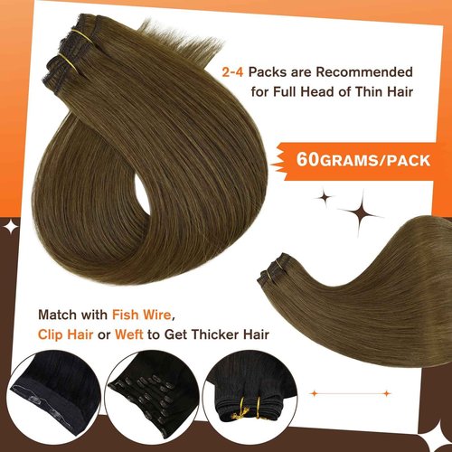 Full Shine Seamless clip ins & Lace Clip ins Remy Hair Total Medium Brown 16 Inch