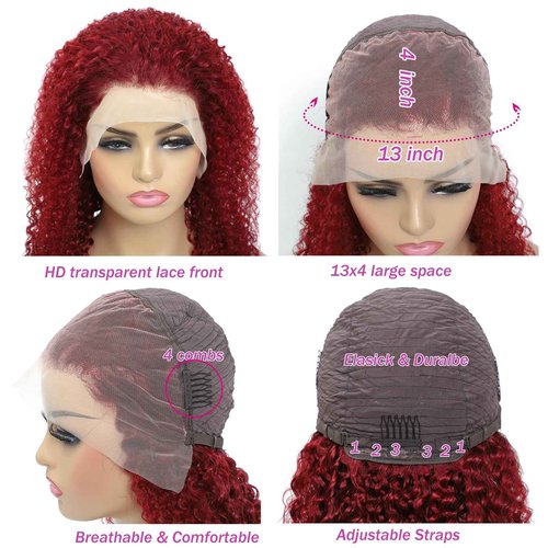 ZANPAL 99J Burgundy Deep Wave Lace Front Wigs Human Hair 13x4 HD Lace Frontal Wigs Human Hair Lace Front Wigs Pre Plucked 99j Burgundy Deep Curly Wigs Human Hair Wigs For Women 180% Density 24 Inch
