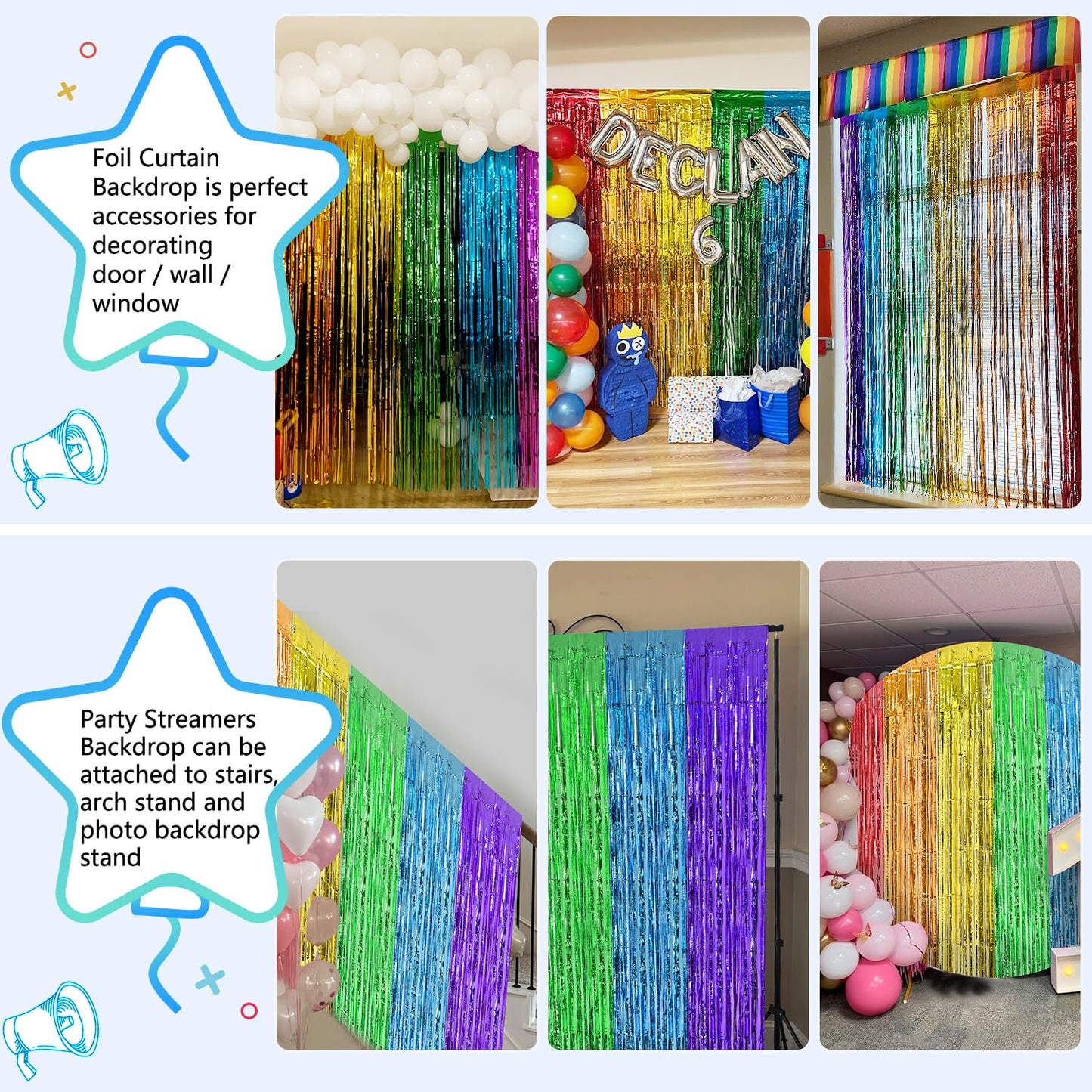 2 Pack Rainbow foil Fringe Backdrop Curtains, 3.3x6.6FT Rainbow Party Decorations Tinsel Backdrop Fringe Curtain Party Streamer for Birthday Party Engagement Graduation Pride Back to School