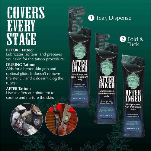 After Inked Tattoo Aftercare Non-Petroleum Jelly - With Grape Seed Oil, Essential for Tattoo Kit, PMU & Piercing Aftercare - Multipurpose Ointment - 7g Reclosable Packet (50-Pack)