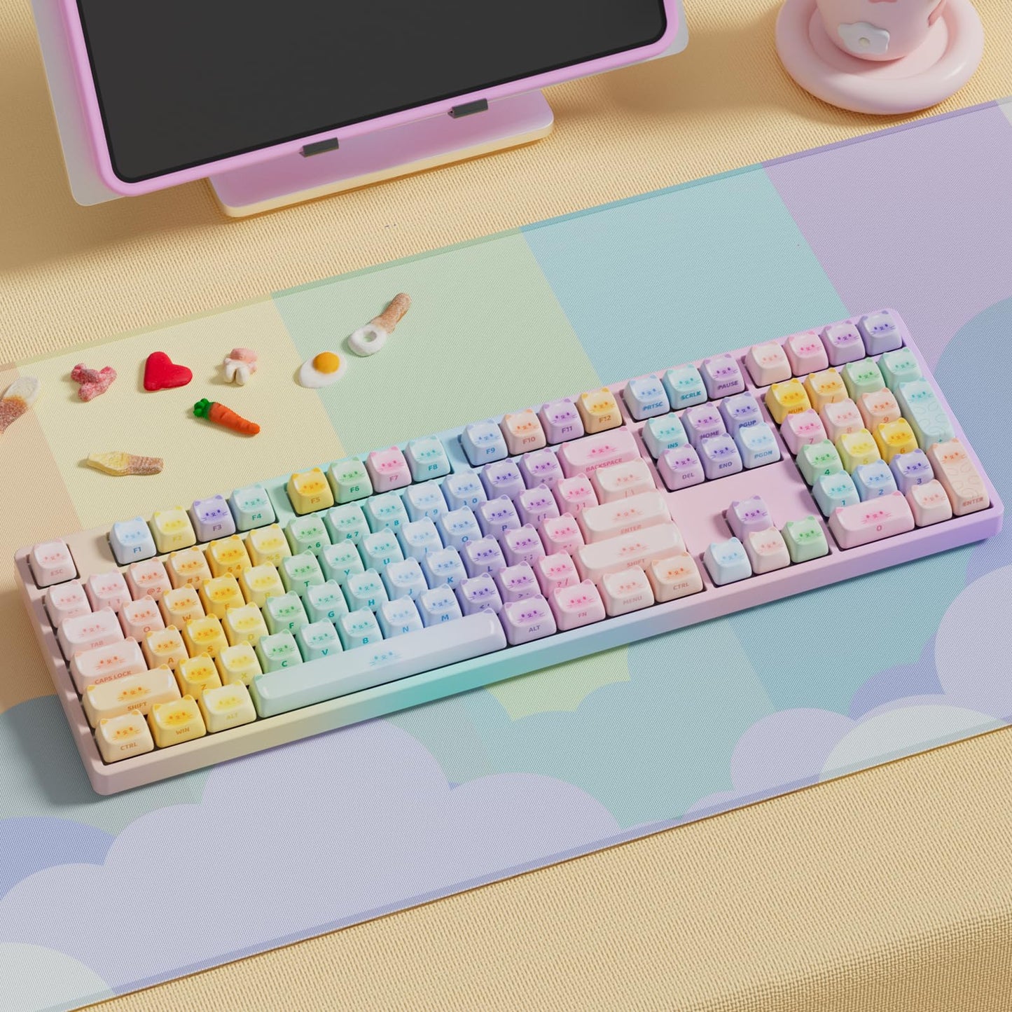 Akko PBT Keycaps Set, Colorful Cats Keycap Mao Profile 142-Key Keycaps for Mechanical Keyboards