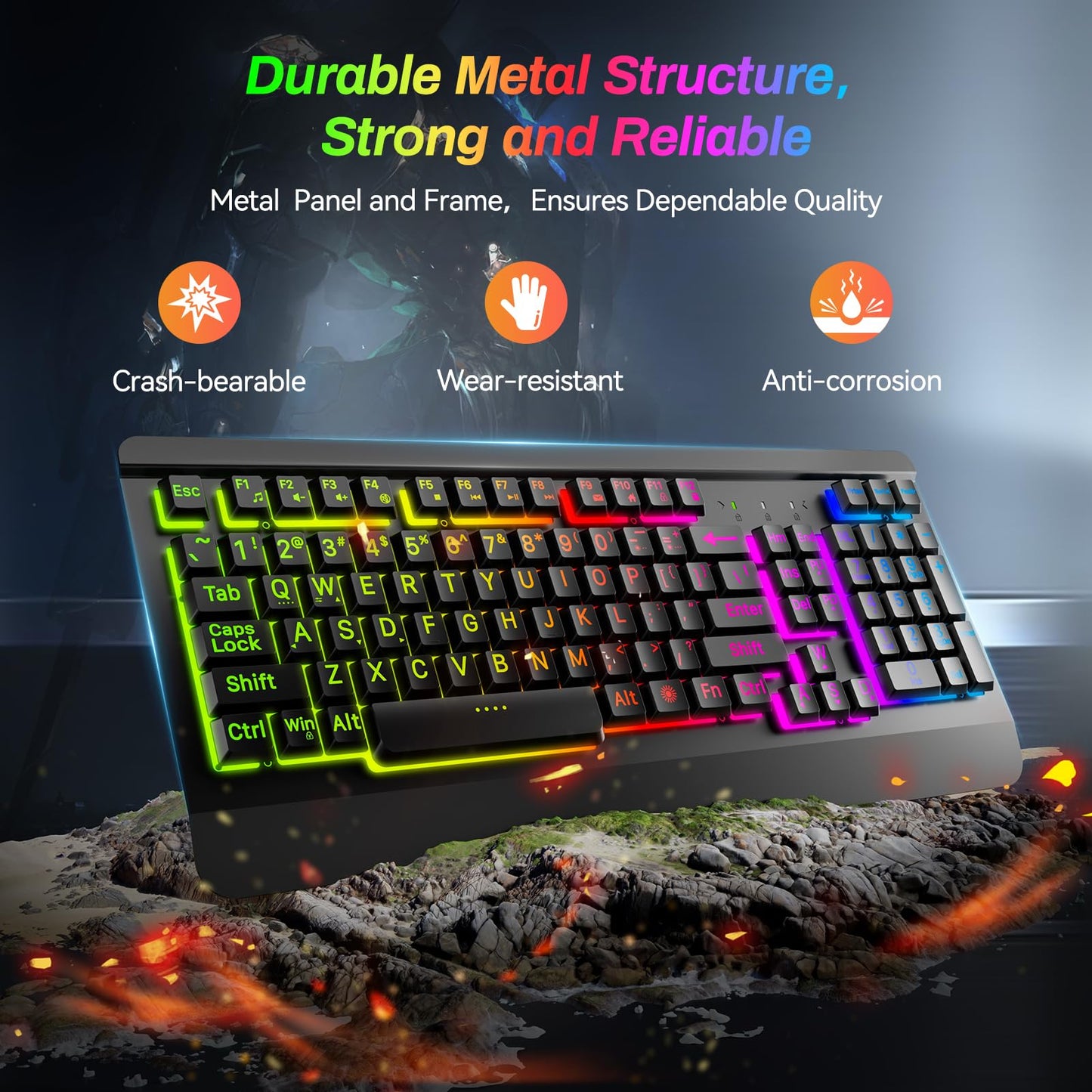 Acebaff Gaming Computer Keyboard with Large Print Keys, 104 Keys All-Metal Panel, Rainbow LED Backlit, Wrist Rest, Multimedia, Anti-Ghosting, Waterproof Light Up Wired Keyboard for PC Mac Gamer