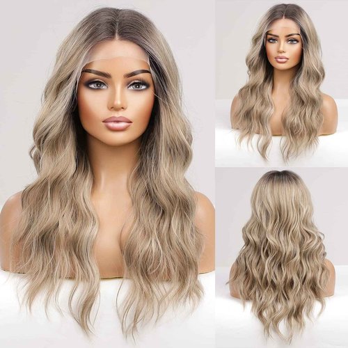 HAIRCUBE Long Ombre Ash Blonde with Highlight Lace Front Wigs for Women,Natural Wavy Middle Parting Synthetic Wigs Lace Wigs
