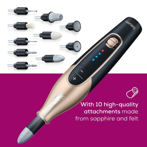 Beurer MP84BLK Nail Pro Deluxe - 14-Piece Professional Manicure & Pedicure Nail Drill Kit, Cordless, Rechargeable Electric Nail File with Attachments, LED Light, USB-c Charging & Storage Case