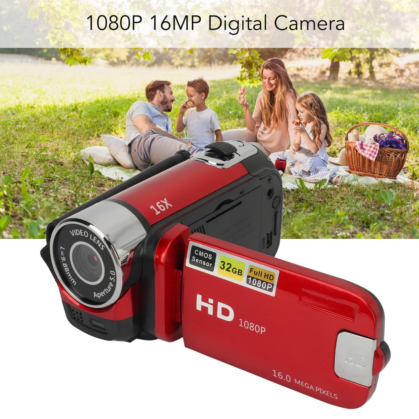 1080PDigital Camera, 16MP Camcorder with 2.4 Inch Rotatable Screen, 16X Zoom HD Video Recorder with Fill Light, Video Camera Built in Battery (Red)