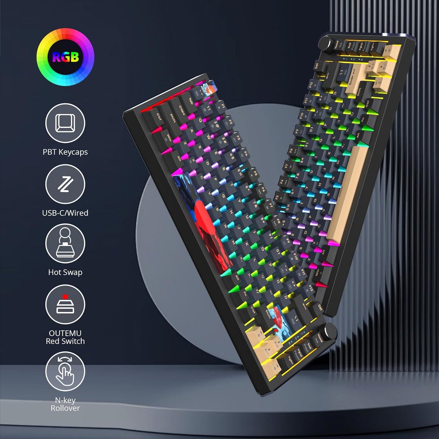 75 Percent Keyboard Gasket-Mounted with Sound Absorbing Pads, 82-Key Compact Wired RGB Mechanical Gaming Keyboard Hot-Swap Socket for Win, White Earth