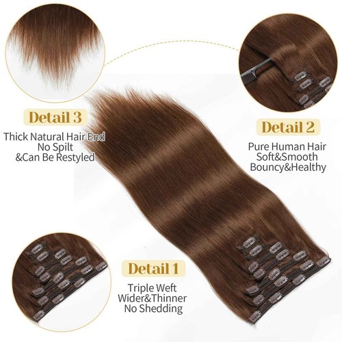 Mocona Clip in Hair Extensions Real Human Hair, Chocolate Brown – 20 Inch 7pcs 160g/Pack, Soft Hair Extensions Real Human Hair Clip ins Straight for Women, Capable for all Occasion (#4 20 Inch)