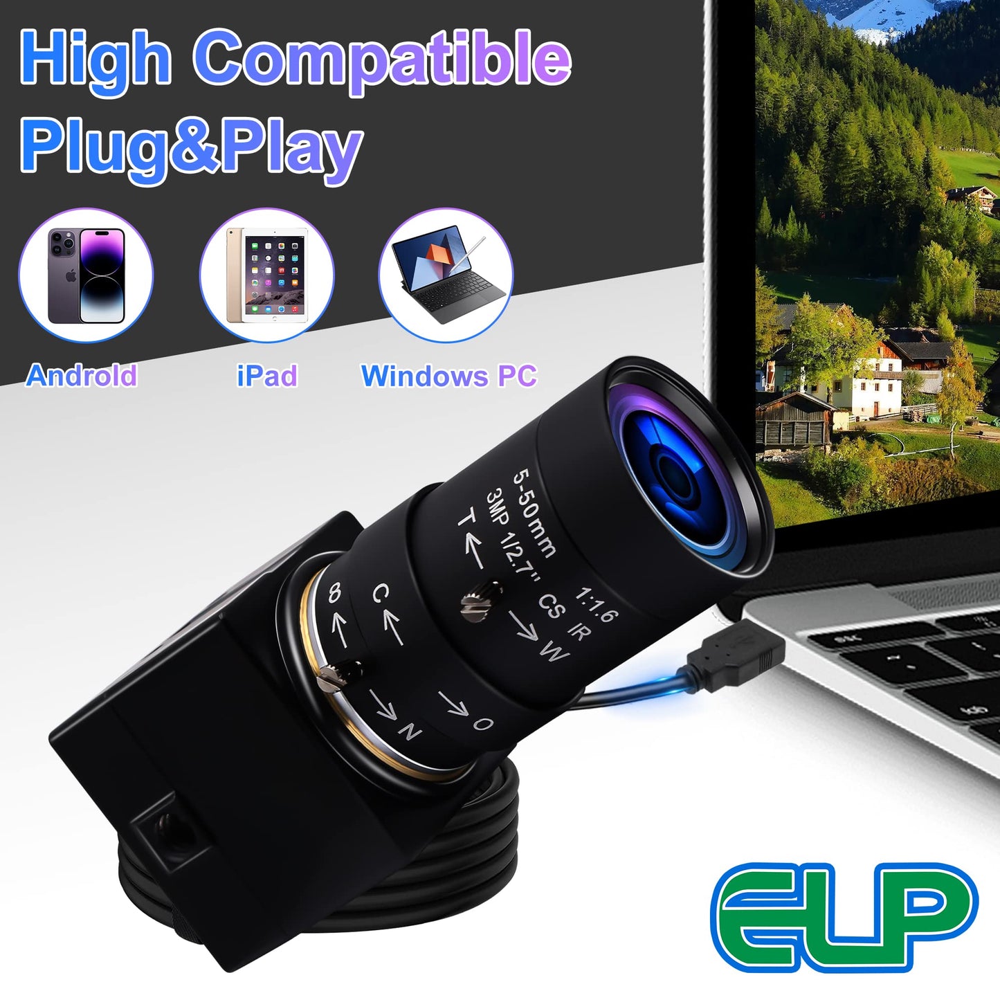 8MP USB Camera Manual Zoom 5-50mm Lens Webcam Variable Focus PC Camera Mini UVC USB2.0 USB with Camera for Computer IMX179 Close-up Camera Varifocal Web Camera with Zoom for Raspberry Pi Laptop